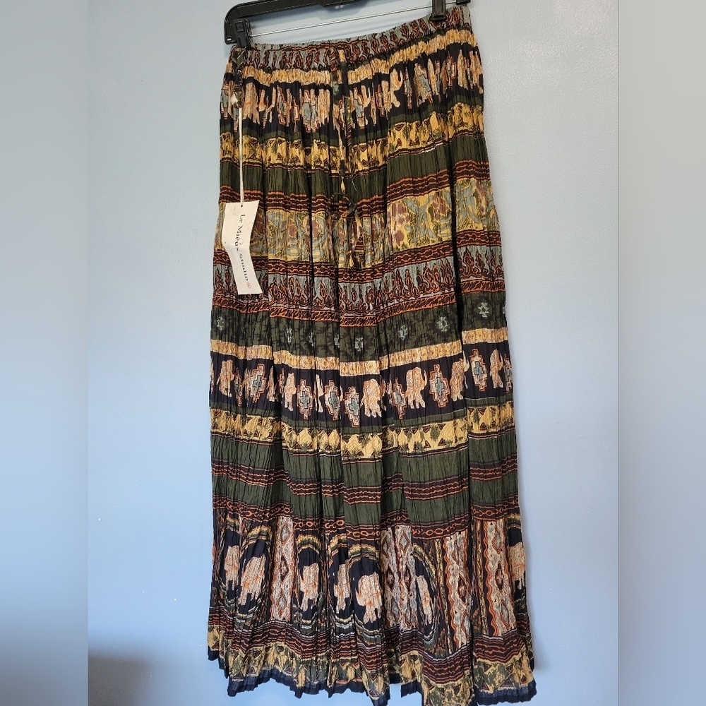 Vntg Le Mieux Studio Bohemian Elephant Print Cotton Crinkle Skirt OS Nwt